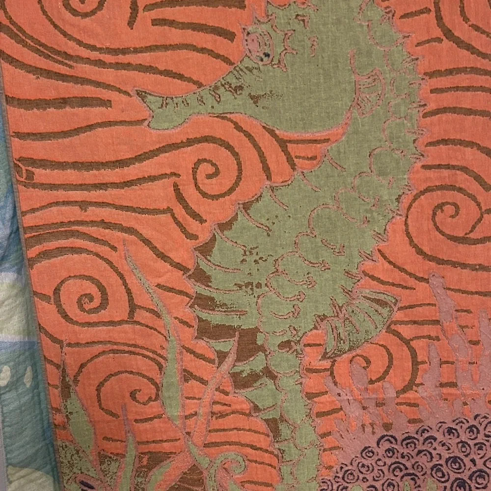 Seahorse Towel + Tapestry in Coral Orange Deep Blue + Lime Green Size 38” x 68”